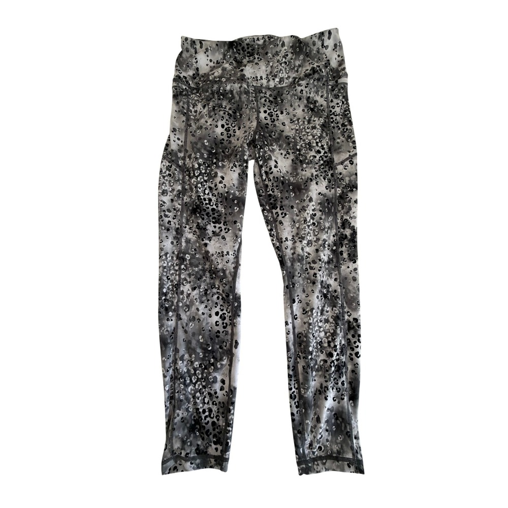 Reebok Womens Gray Leopard Animal Print High Waisted Leggings Side Pockets L
